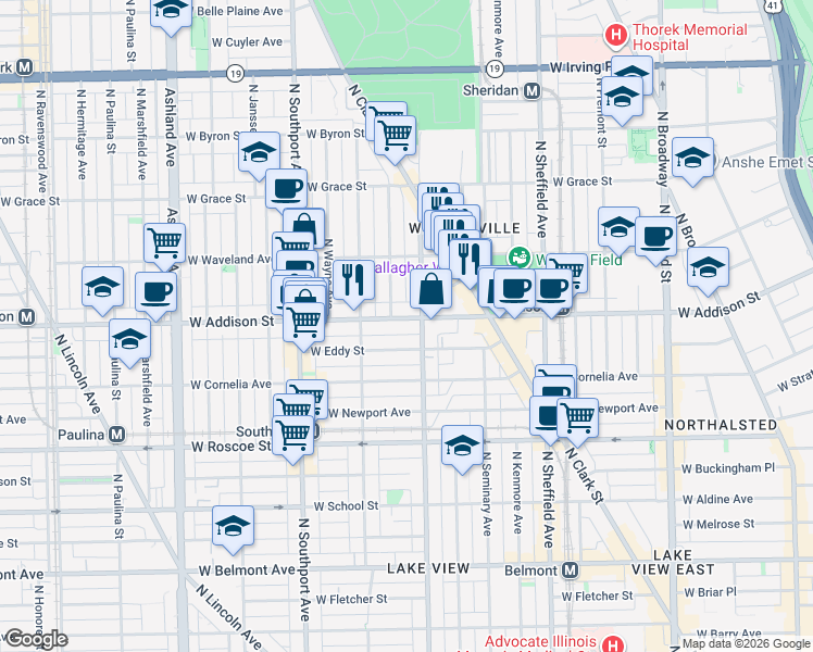 map of restaurants, bars, coffee shops, grocery stores, and more near 1216 West Addison Street in Chicago