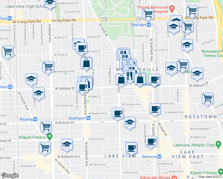 map of restaurants, bars, coffee shops, grocery stores, and more near 1216 West Addison Street in Chicago