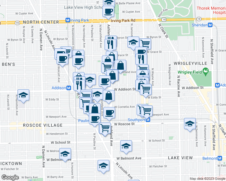 map of restaurants, bars, coffee shops, grocery stores, and more near 3614 North Ashland Avenue in Chicago
