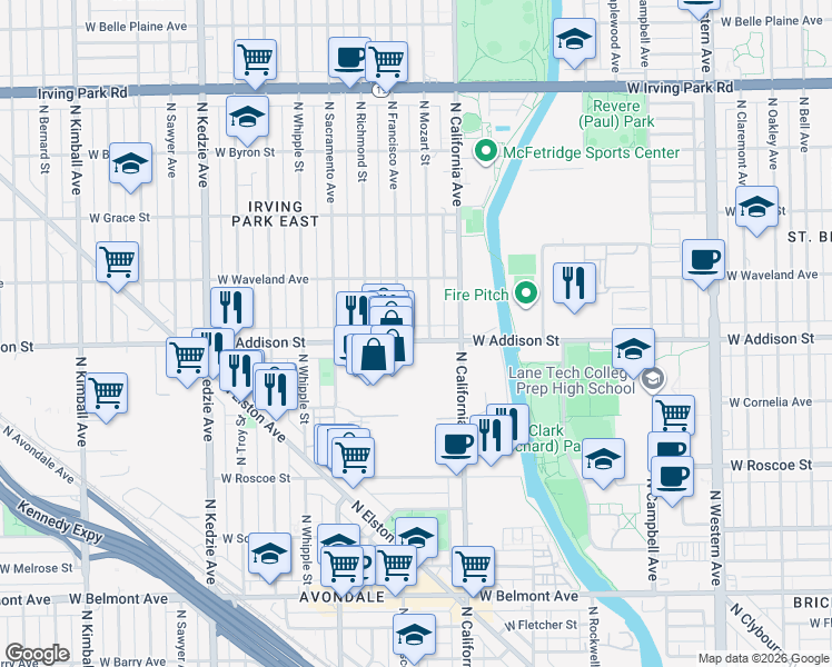 map of restaurants, bars, coffee shops, grocery stores, and more near 3625 North Francisco Avenue in Chicago