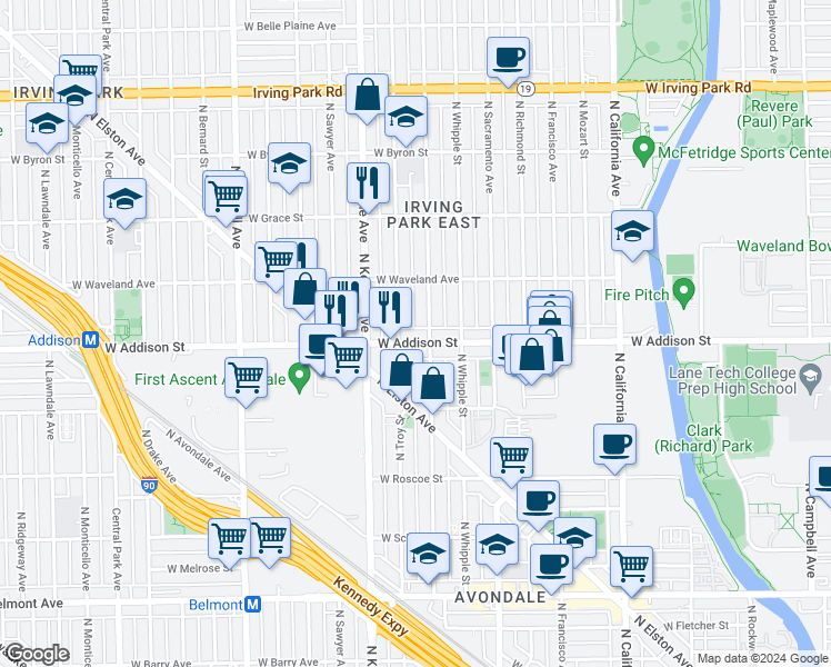 map of restaurants, bars, coffee shops, grocery stores, and more near 3629 North Troy Street in Chicago