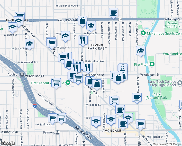map of restaurants, bars, coffee shops, grocery stores, and more near 3629 North Troy Street in Chicago