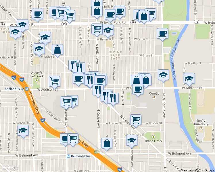 map of restaurants, bars, coffee shops, grocery stores, and more near 3629 North Troy Street in Chicago