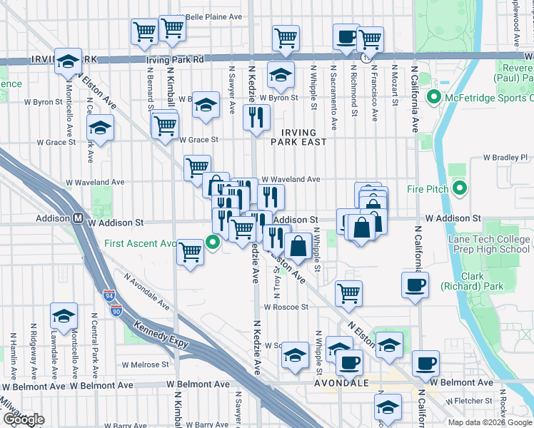 map of restaurants, bars, coffee shops, grocery stores, and more near 3629 North Troy Street in Chicago