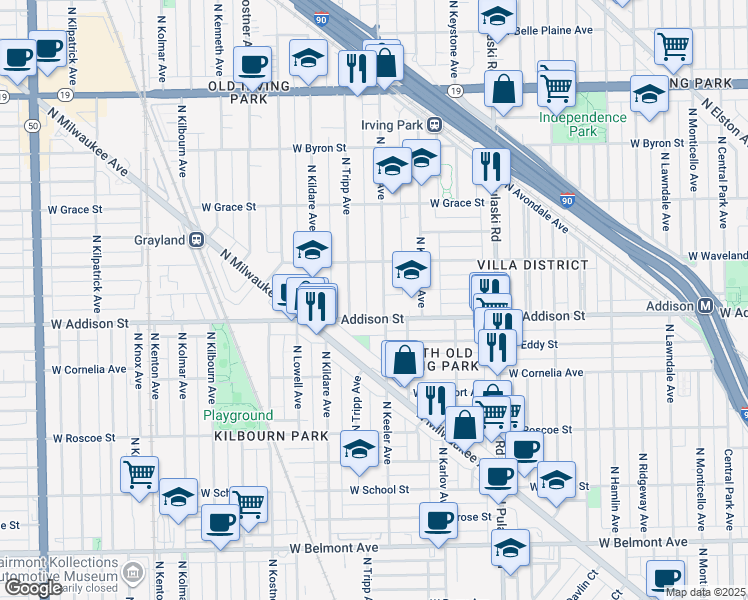 map of restaurants, bars, coffee shops, grocery stores, and more near 3635 North Keeler Avenue in Chicago