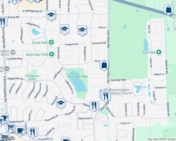 map of restaurants, bars, coffee shops, grocery stores, and more near 223 Tamarack Drive in Bloomingdale