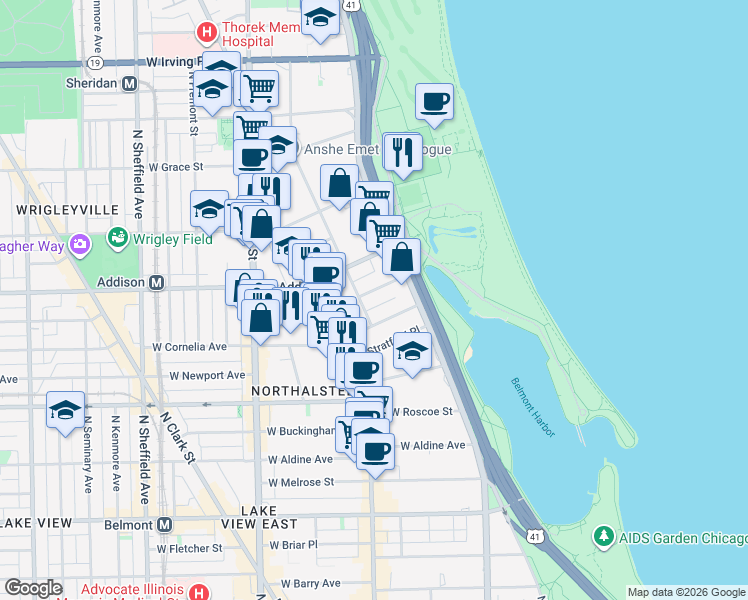 map of restaurants, bars, coffee shops, grocery stores, and more near 544 West Brompton Avenue in Chicago