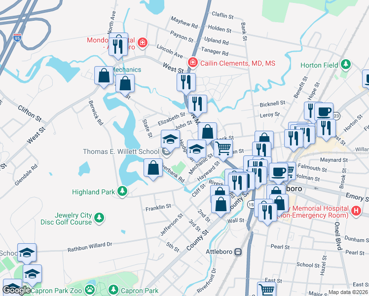 map of restaurants, bars, coffee shops, grocery stores, and more near 23 Hodges Street in Attleboro