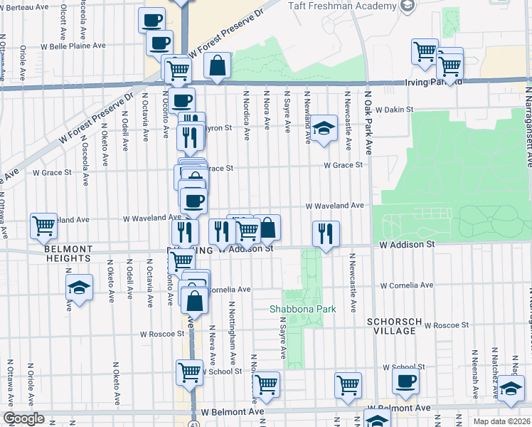 map of restaurants, bars, coffee shops, grocery stores, and more near 3706 North Nora Avenue in Chicago