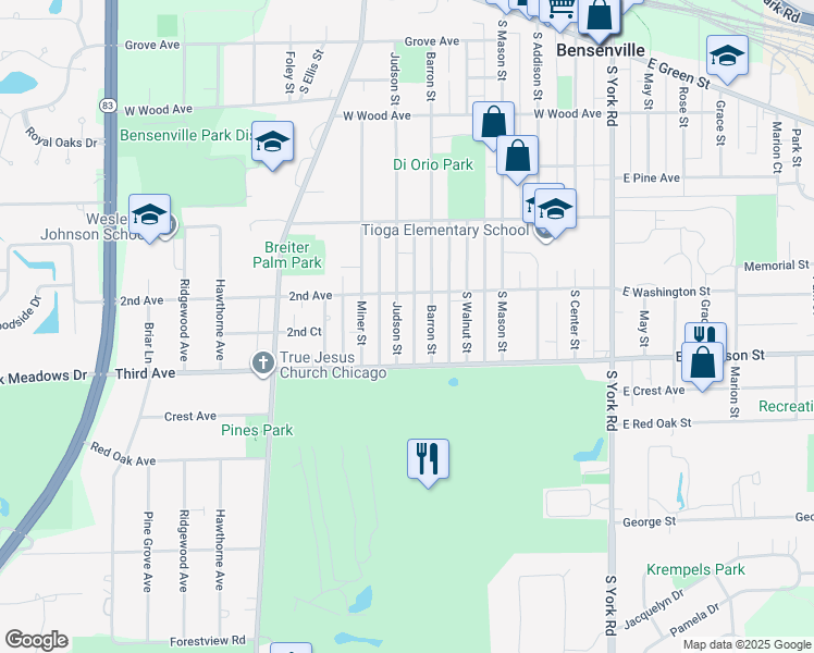 map of restaurants, bars, coffee shops, grocery stores, and more near 425 Judson Street in Bensenville