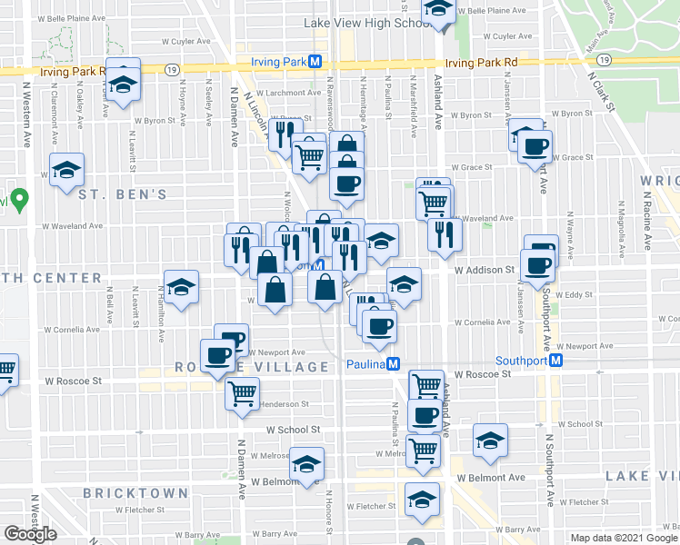 map of restaurants, bars, coffee shops, grocery stores, and more near North Lincoln Avenue & West Addison Street in Chicago