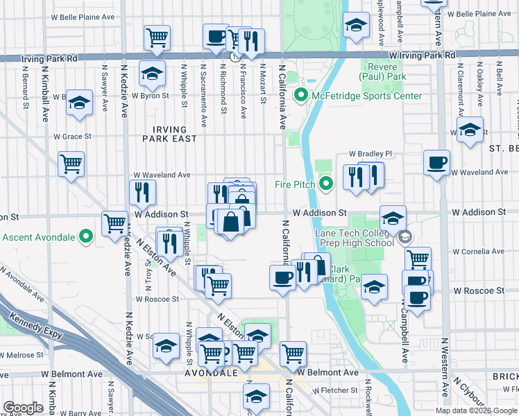 map of restaurants, bars, coffee shops, grocery stores, and more near 3627 North Mozart Street in Chicago