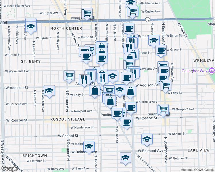 map of restaurants, bars, coffee shops, grocery stores, and more near W Addison St & N Hermitage Ave in Chicago