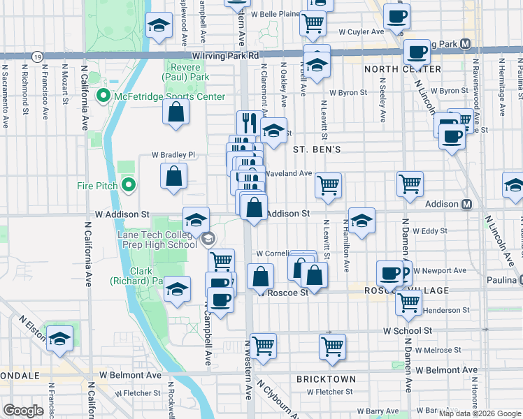 map of restaurants, bars, coffee shops, grocery stores, and more near 3621 North Claremont Avenue in Chicago