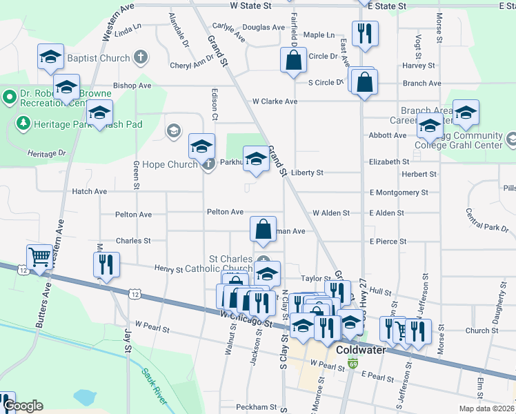 map of restaurants, bars, coffee shops, grocery stores, and more near 25 Parkhurst Avenue in Coldwater