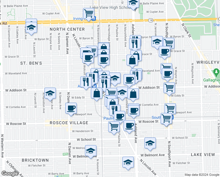 map of restaurants, bars, coffee shops, grocery stores, and more near 3601 North Hermitage Avenue in Chicago