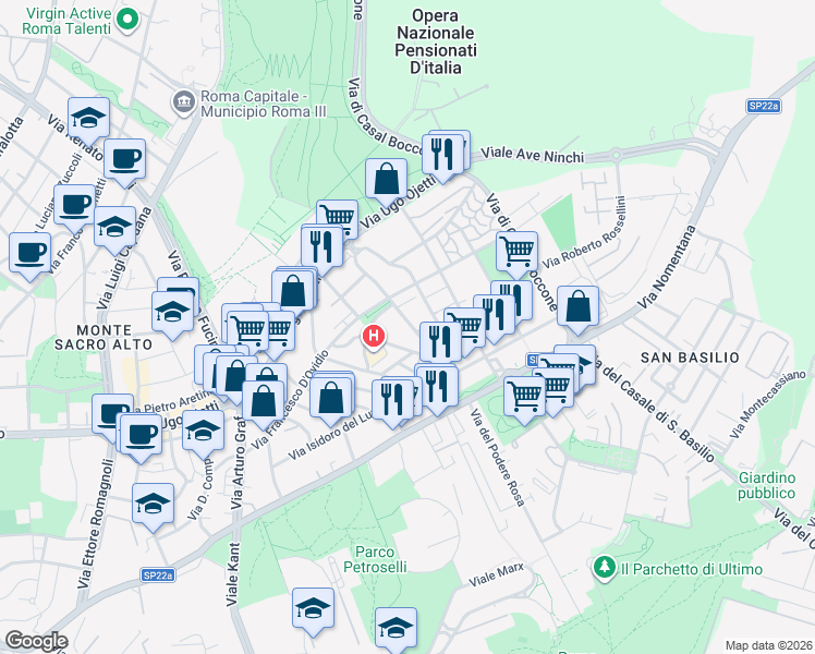 map of restaurants, bars, coffee shops, grocery stores, and more near 36 Via Adriano Tilgher in Roma