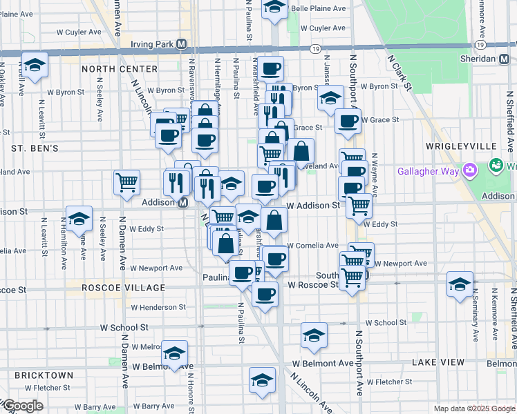 map of restaurants, bars, coffee shops, grocery stores, and more near W Addison St & N Marshfield Ave in Chicago