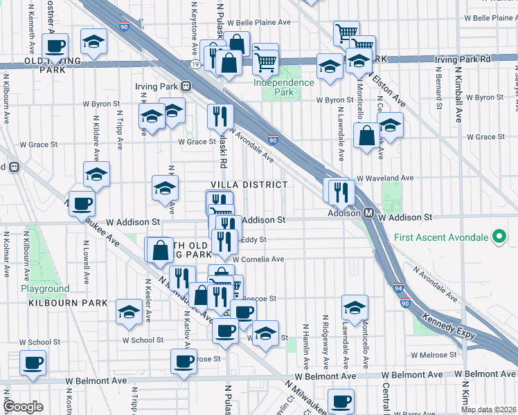 map of restaurants, bars, coffee shops, grocery stores, and more near 3614 North Springfield Avenue in Chicago