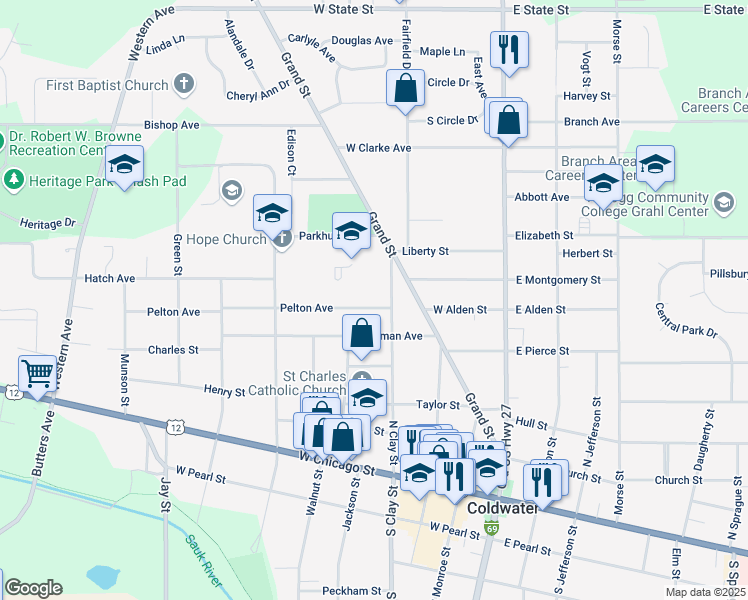 map of restaurants, bars, coffee shops, grocery stores, and more near 25 Parkhurst Avenue in Coldwater