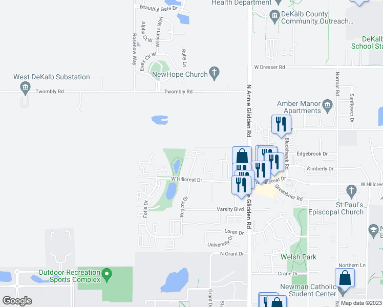 map of restaurants, bars, coffee shops, grocery stores, and more near 1107 Regent Drive in DeKalb