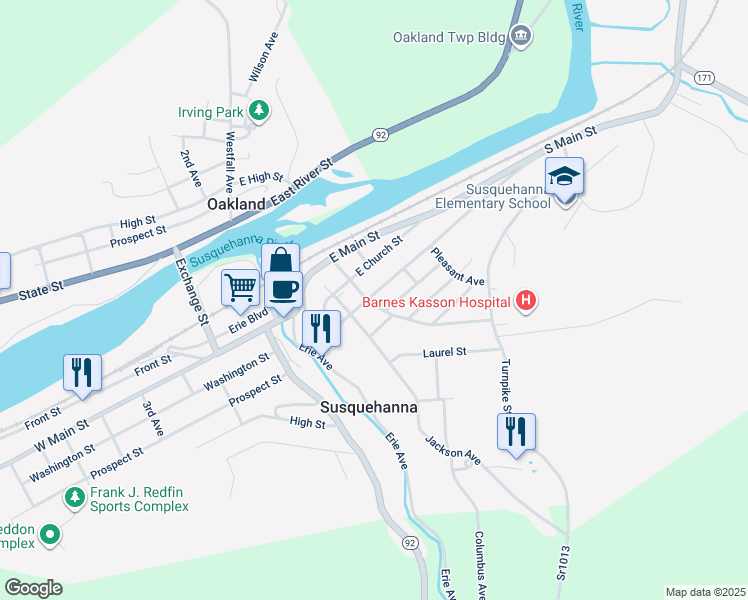 map of restaurants, bars, coffee shops, grocery stores, and more near 212 Grand Street in Susquehanna