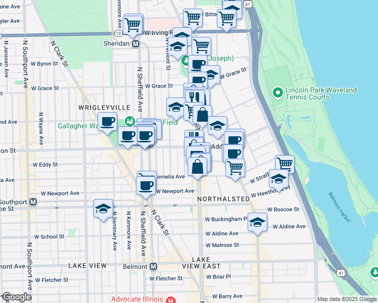 map of restaurants, bars, coffee shops, grocery stores, and more near 850 West Addison Street in Chicago