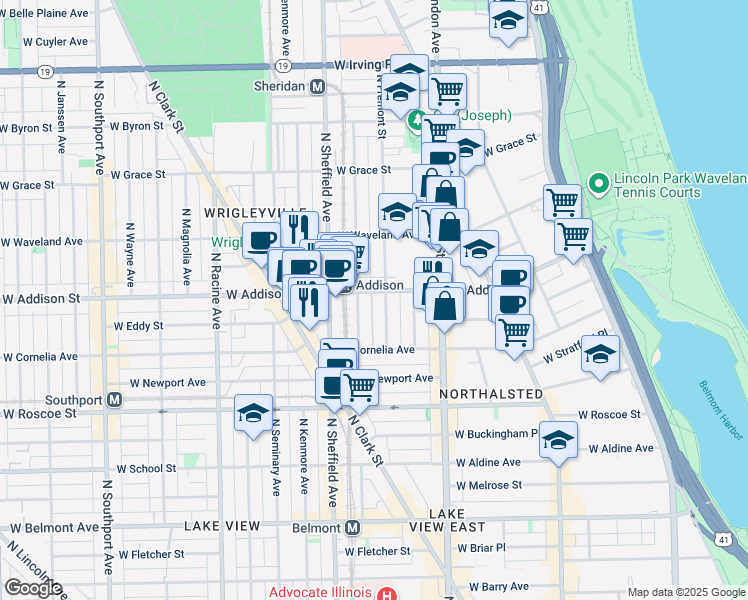 map of restaurants, bars, coffee shops, grocery stores, and more near 910 West Addison Street in Chicago
