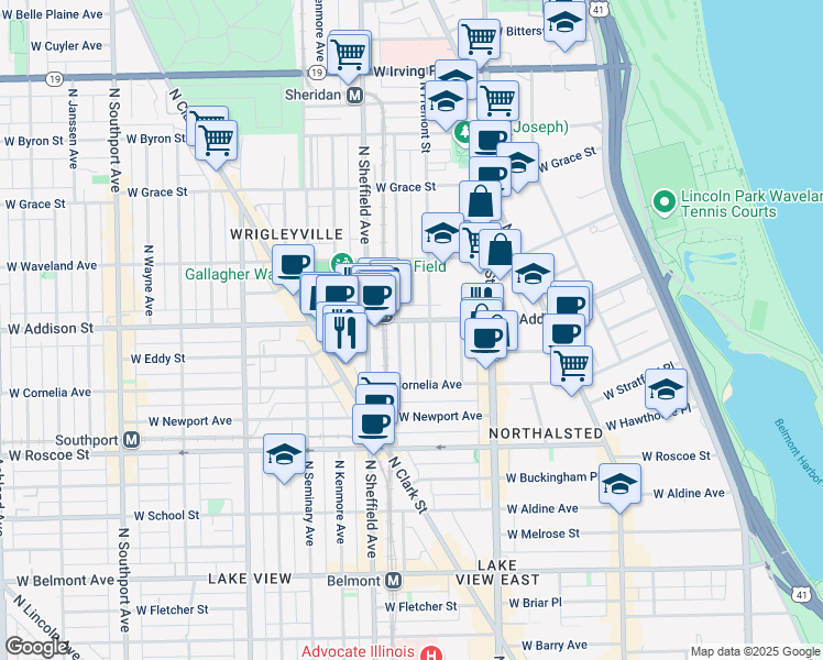 map of restaurants, bars, coffee shops, grocery stores, and more near 910 West Addison Street in Chicago