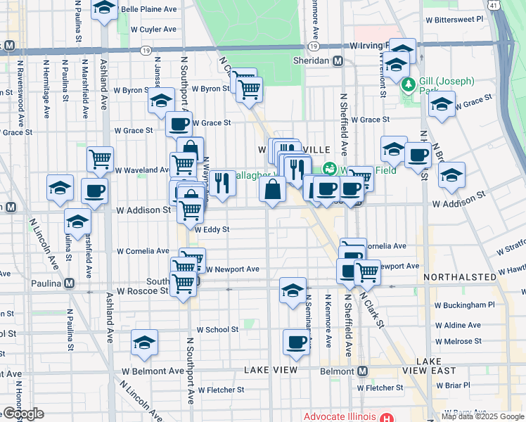 map of restaurants, bars, coffee shops, grocery stores, and more near 1216 West Addison Street in Chicago