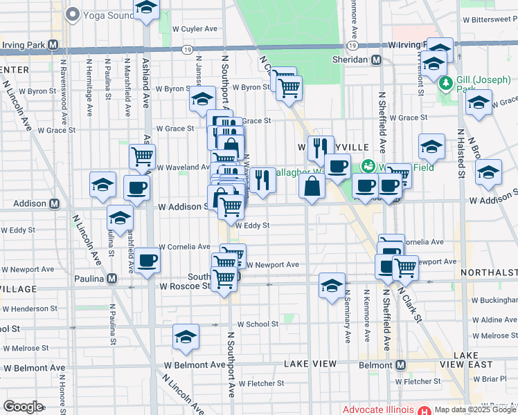 map of restaurants, bars, coffee shops, grocery stores, and more near 3609 North Lakewood Avenue in Chicago