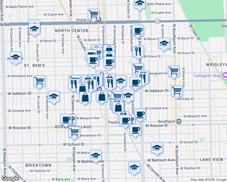 map of restaurants, bars, coffee shops, grocery stores, and more near 3615 North Ravenswood Avenue in Chicago