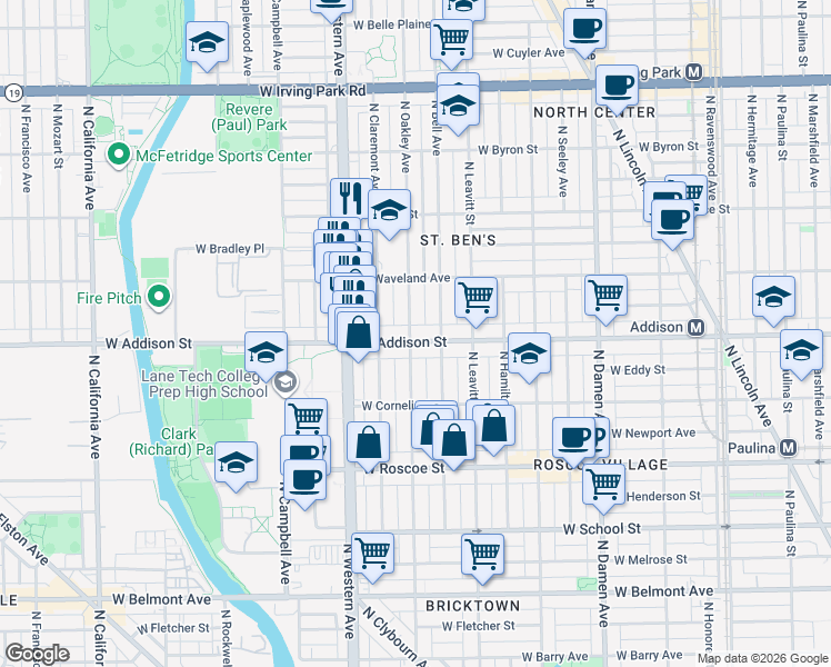 map of restaurants, bars, coffee shops, grocery stores, and more near 3621 North Oakley Avenue in Chicago