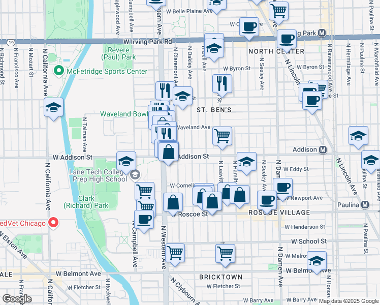 map of restaurants, bars, coffee shops, grocery stores, and more near 3621 North Oakley Avenue in Chicago
