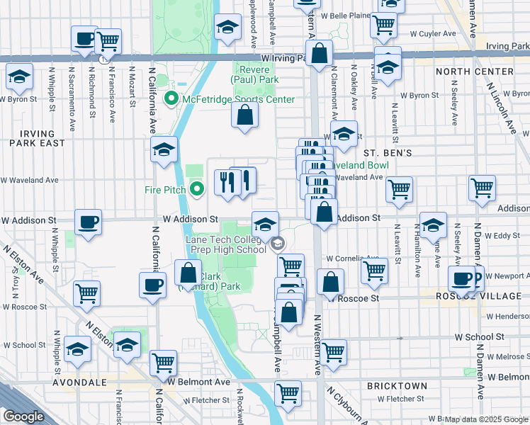 map of restaurants, bars, coffee shops, grocery stores, and more near 2521 West Patterson Avenue in Chicago