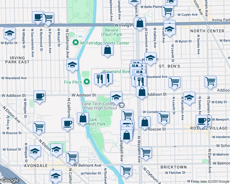 map of restaurants, bars, coffee shops, grocery stores, and more near 2521 West Patterson Avenue in Chicago