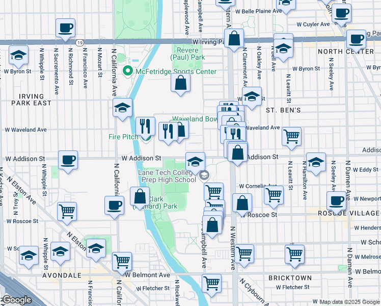 map of restaurants, bars, coffee shops, grocery stores, and more near 2521 West Patterson Avenue in Chicago
