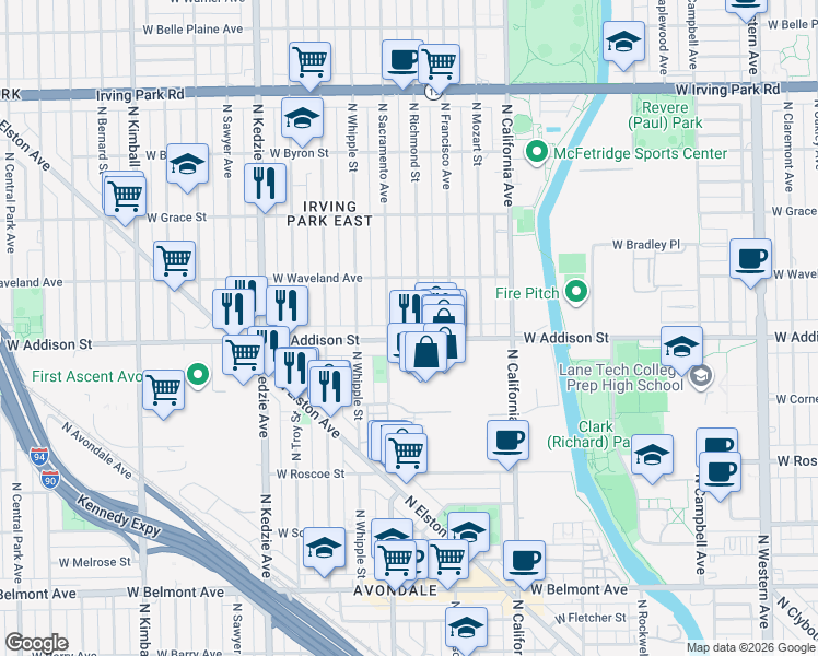 map of restaurants, bars, coffee shops, grocery stores, and more near 3626 North Richmond Street in Chicago