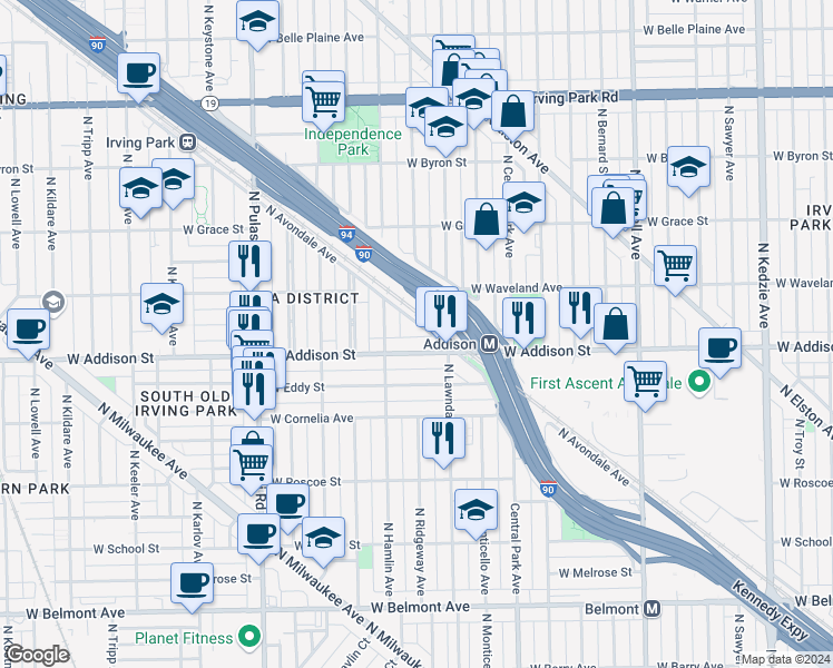 map of restaurants, bars, coffee shops, grocery stores, and more near 3650 North Avondale Avenue in Chicago