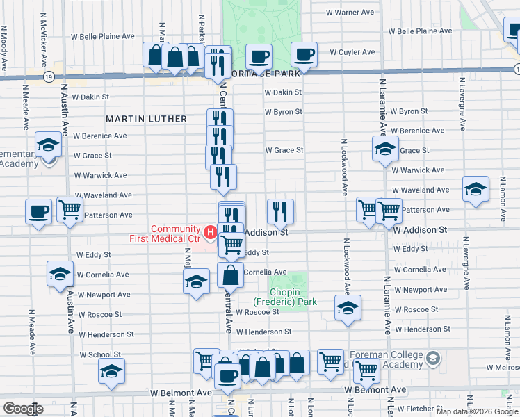 map of restaurants, bars, coffee shops, grocery stores, and more near 3657 North Luna Avenue in Chicago