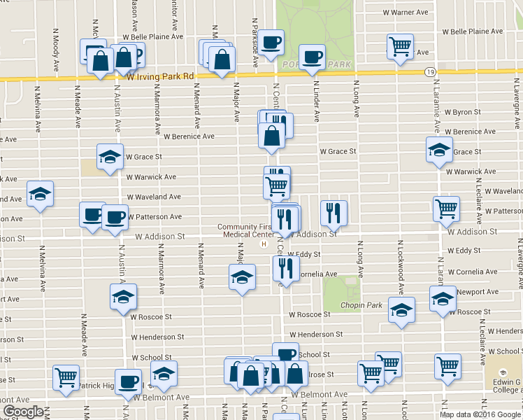map of restaurants, bars, coffee shops, grocery stores, and more near 5629 West Waveland Avenue in Chicago