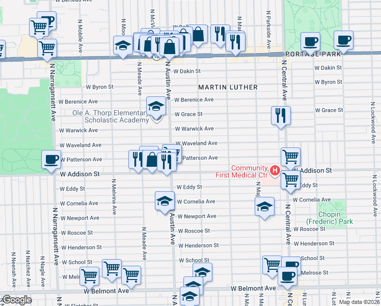 map of restaurants, bars, coffee shops, grocery stores, and more near 5935 West Waveland Avenue in Chicago
