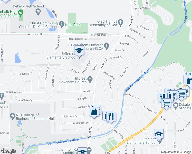 map of restaurants, bars, coffee shops, grocery stores, and more near 1718 Judy Lane in DeKalb