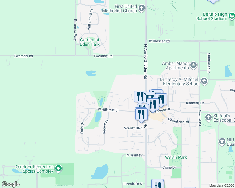 map of restaurants, bars, coffee shops, grocery stores, and more near 12 Regent Drive in DeKalb