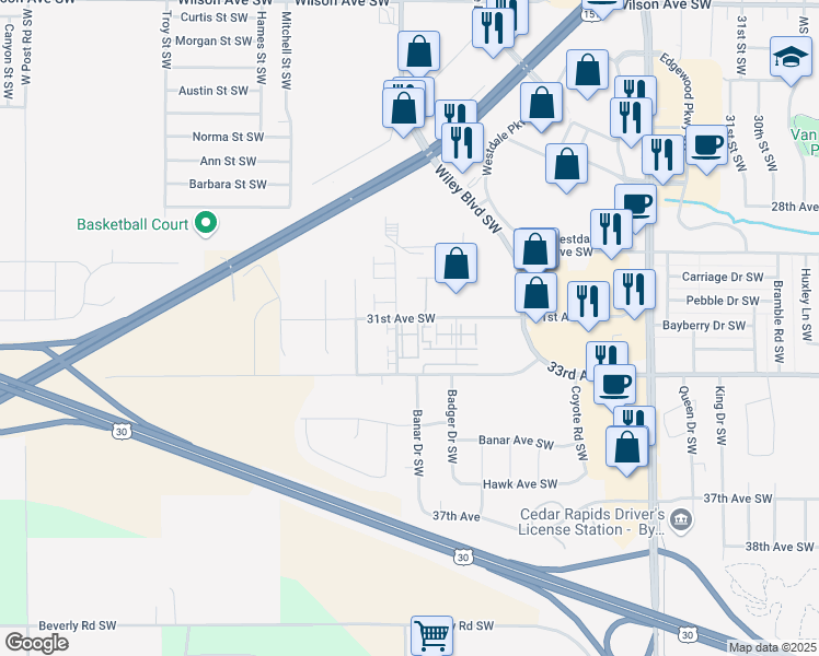 map of restaurants, bars, coffee shops, grocery stores, and more near 4158 31st Avenue Southwest in Cedar Rapids