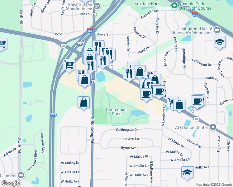 map of restaurants, bars, coffee shops, grocery stores, and more near 1651 West Lake Street in Addison