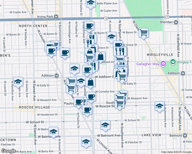 map of restaurants, bars, coffee shops, grocery stores, and more near 1548 West Addison Street in Chicago