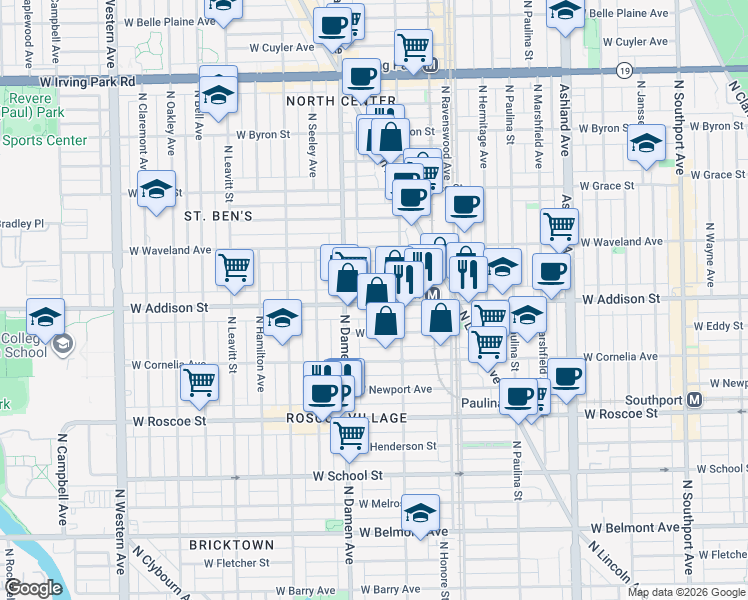 map of restaurants, bars, coffee shops, grocery stores, and more near 3619 North Damen Avenue in Chicago