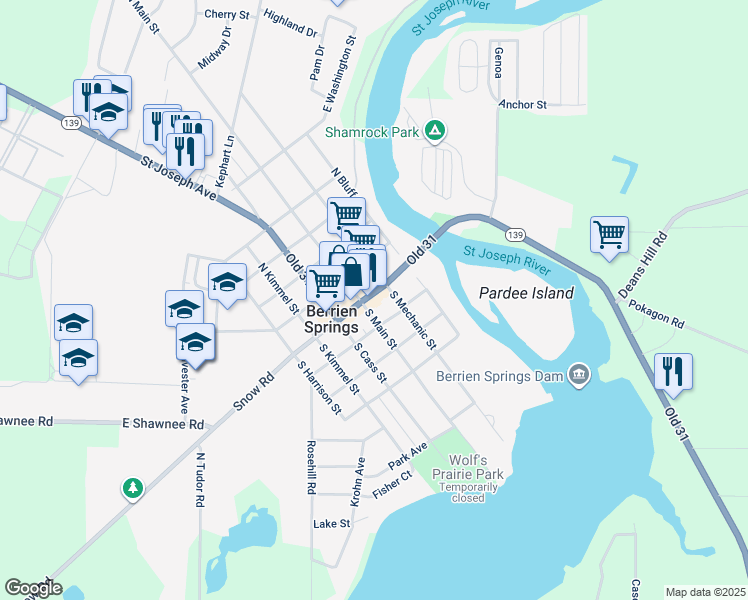 map of restaurants, bars, coffee shops, grocery stores, and more near 113 East Ferry Street in Berrien Springs