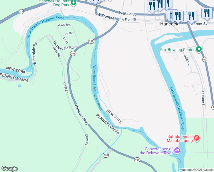 map of restaurants, bars, coffee shops, grocery stores, and more near River Rd in Hancock